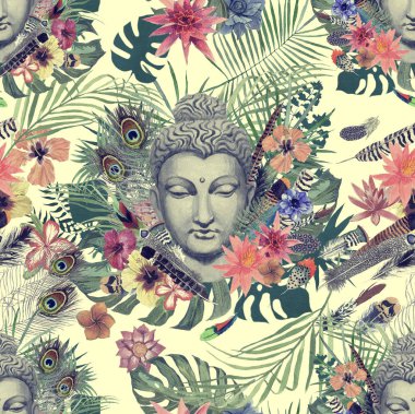 Dikişsiz el çekilmiş suluboya desenle Buda kafa, çiçekler, yapraklar, tüyler, çiçekler.