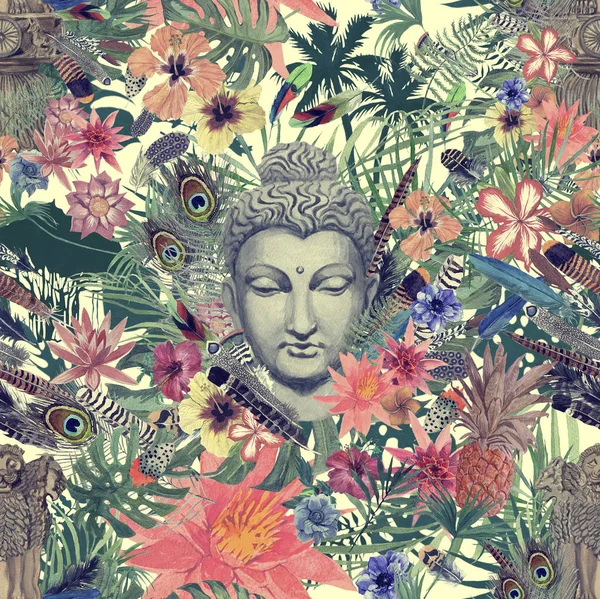 Seamless hand drawn watercolor pattern with buddha head, indian emblem, flowers, leaves, feathers, flowers. — Stock Photo, Image
