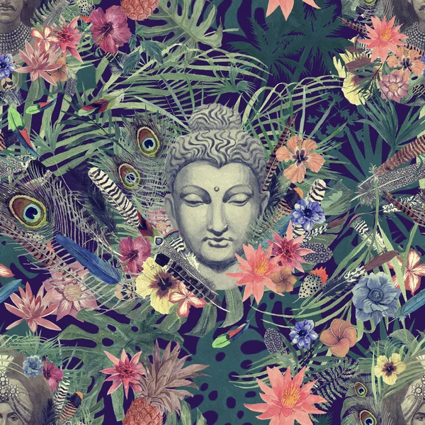 Sorunsuz elle çizilmiş suluboya desenle Buda kafa, maharajah, çiçekler, tüyler, palms.