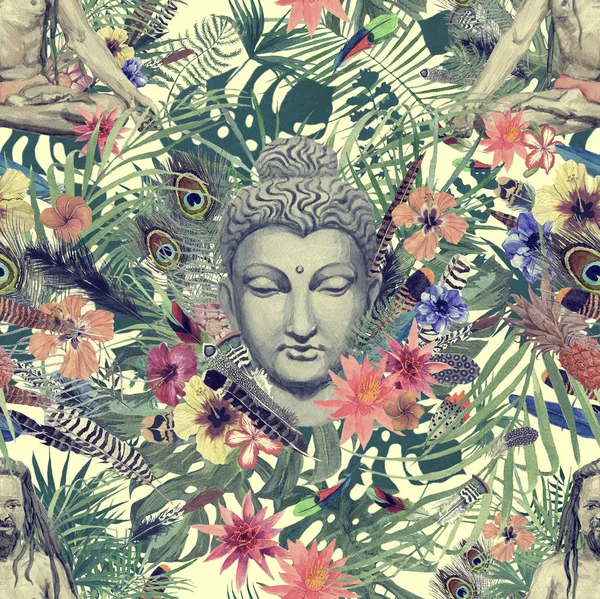 Model de acuarelă fără sudură trasă manual cu cap buddha, yoghin, flori, frunze, pene, flori . — Fotografie, imagine de stoc