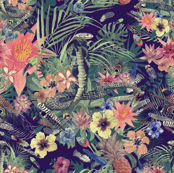 Kobra, çiçekler, yapraklar, tüyleri ile sorunsuz el çizilmiş suluboya desen.