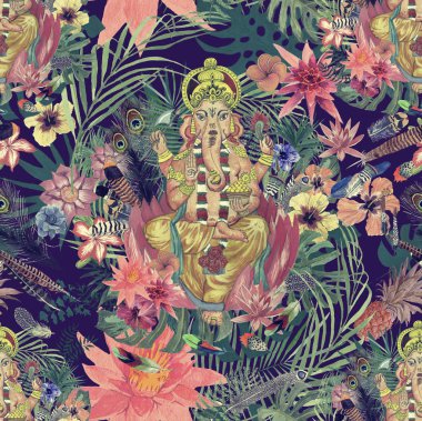 Ganesha, çiçekler, yapraklar, tüyleri ile sorunsuz suluboya el çizilmiş desen.