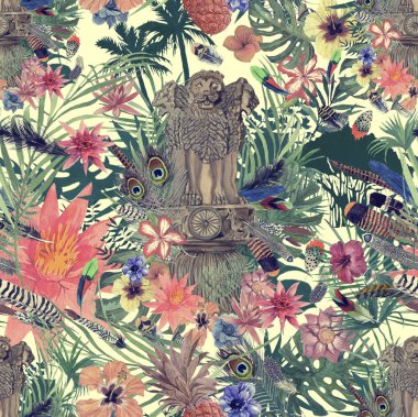 Sorunsuz elle çizilmiş suluboya desenle Hint amblemi, çiçekler, yapraklar, çiçekler, tüyler.