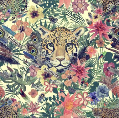 Dikişsiz el çekilmiş suluboya desenle leopar kafa, çiçekler, tüyler, çiçekler.