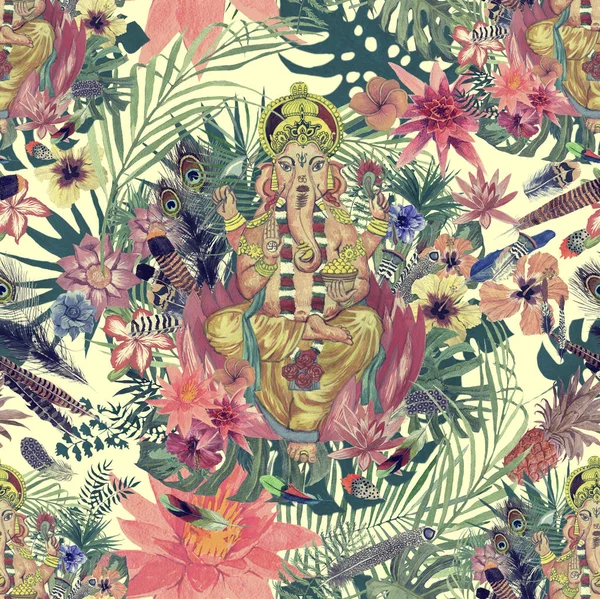 Ganesha, çiçekler, yapraklar, tüyleri ile sorunsuz suluboya el çizilmiş desen. — Stok fotoğraf