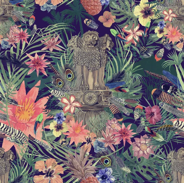 Naadloze hand getekende aquarel patroon met Indiase embleem met bloemen, bladeren, bloemen, veren. — Stockfoto