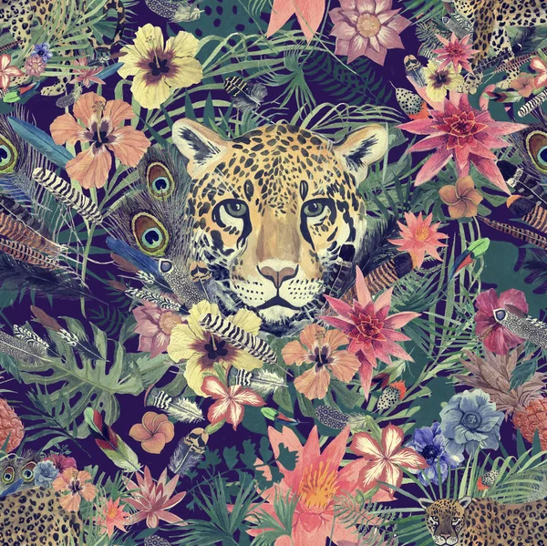 Padrão de aquarela desenhado à mão sem costura com cabeça de leopardo, flores, penas, flores . — Fotografia de Stock