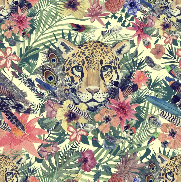 Padrão de aquarela desenhado à mão sem costura com cabeça de leopardo, flores, penas, flores . — Fotografia de Stock