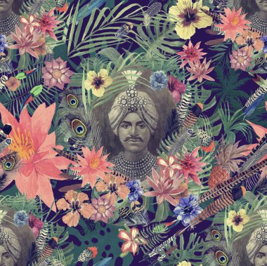 Semaless suluboya desenle maharajah portre, çiçek, yaprak, çiçek.