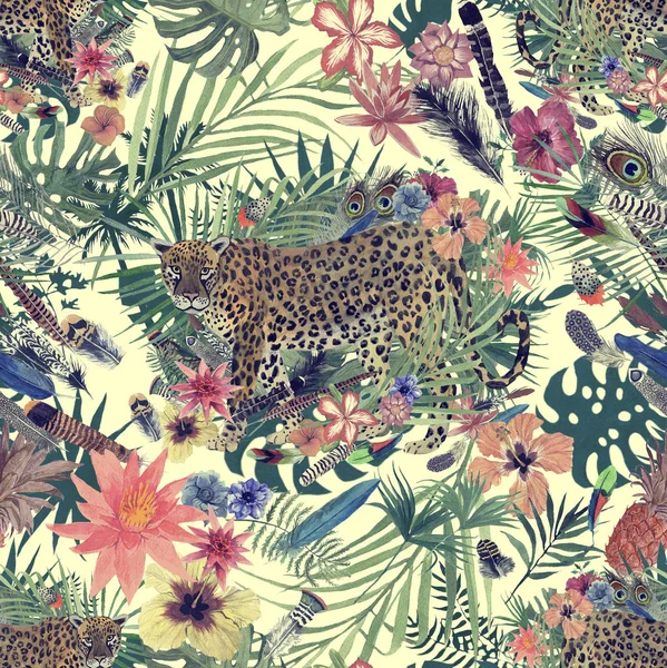 Modello acquerello disegnato a mano senza cuciture con leopardo, fiori, piume, fiori . — Foto Stock