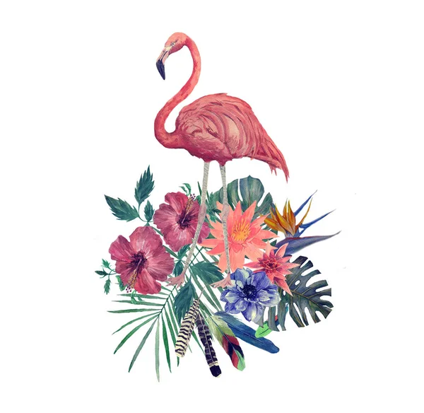 Watercolor illustration of flamingo with leaves, flowers.