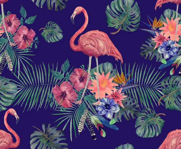 Ακουαρέλα χωρίς ραφή πρότυπο του flamingo με φύλλα, λουλούδια. — Φωτογραφία Αρχείου