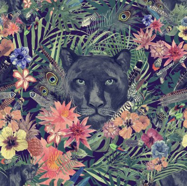 Sorunsuz elle çizilmiş suluboya patten panter kafa, yapraklar, çiçekler, tüyleri ile.