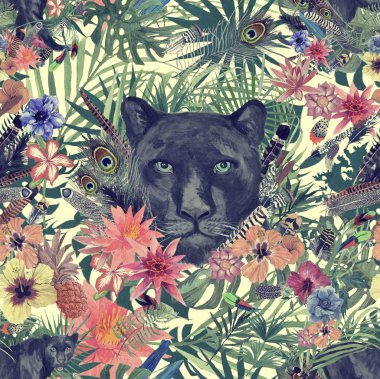 Sorunsuz elle çizilmiş suluboya patten panter kafa, yapraklar, çiçekler, tüyleri ile.