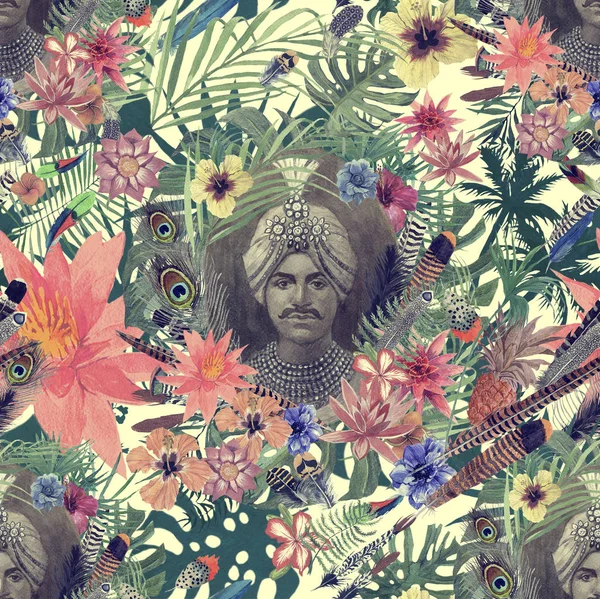 Padrão de aquarela sem costura mão desenhada com cabeça maharajah, flores, folhas, penas . — Fotografia de Stock