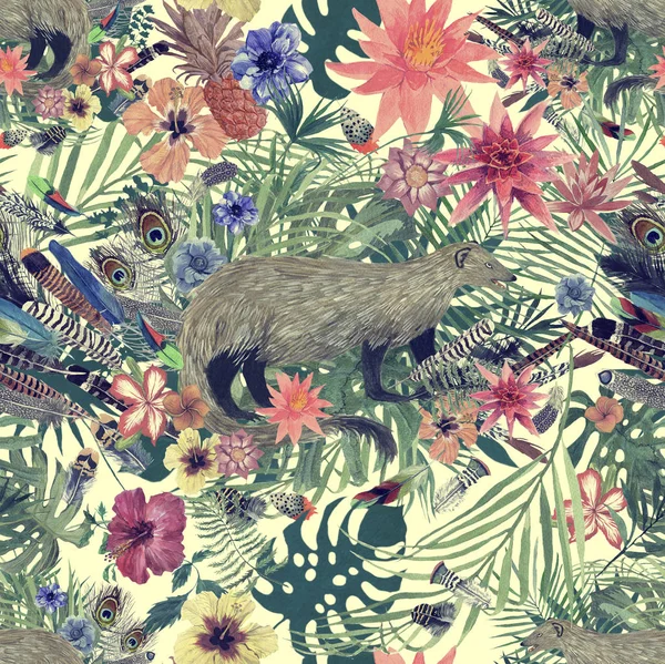 Padrão de aquarela desenhado à mão sem costura com mangusto, folhas, flores, penas . — Fotografia de Stock