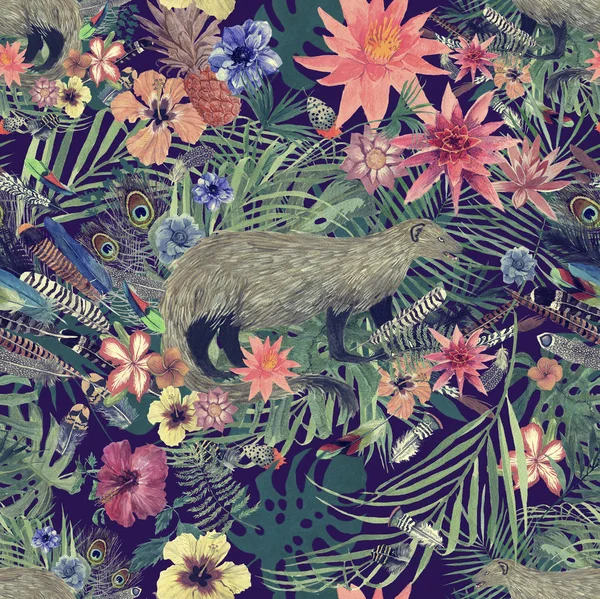 Naadloze hand getekende aquarel patroon met mongoose, bladeren, bloemen, veren. — Stockfoto