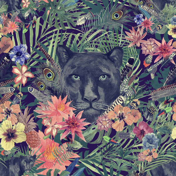 Бесшовные акварели ручной работы с головой пантеры, листьями, цветами, перьями
.
