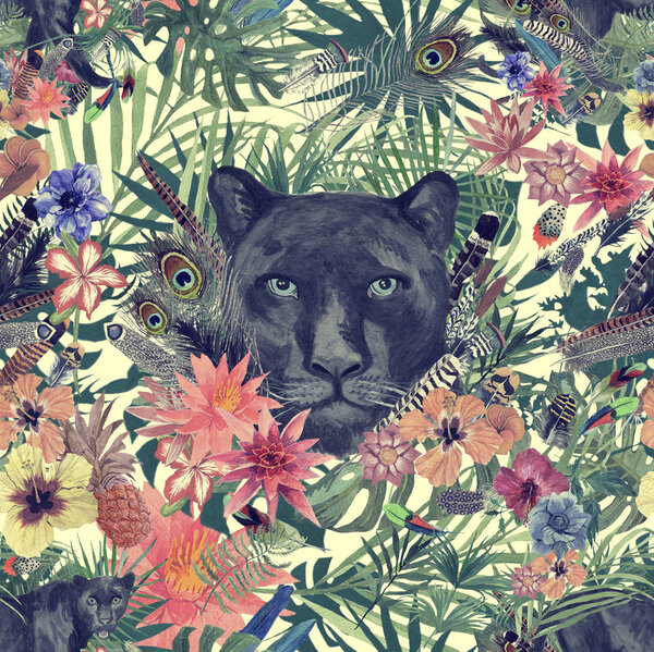 Бесшовные акварели ручной работы с головой пантеры, листьями, цветами, перьями
.