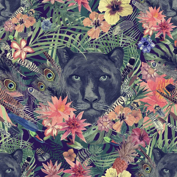 Seamless hand drawn watercolor patten with panther head, leaves, flowers, feathers. — Stock Photo, Image