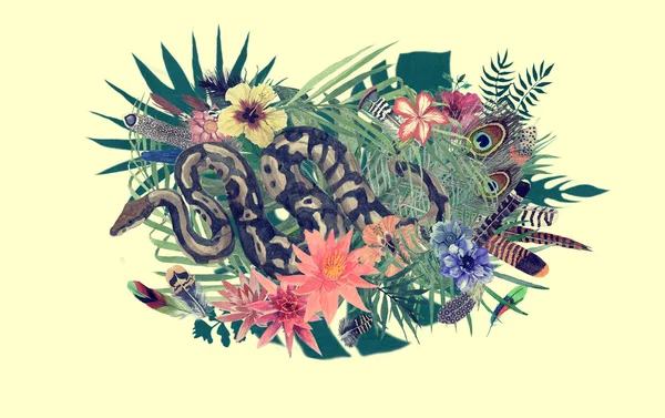 Suluboya elle çizilmiş illüstrasyon boa, çiçekler, yapraklar, tüyleri ile.