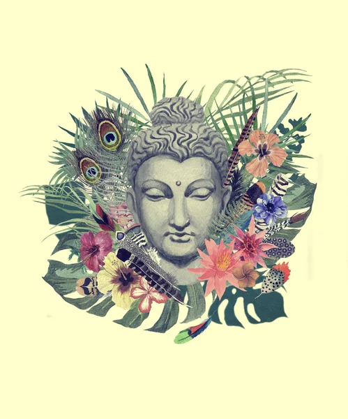 Иллюстрация акварелью с головой Будды, цветами, листьями, перьями . — стоковое фото