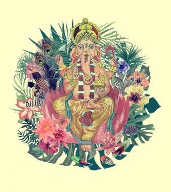 Suluboya elle çizilmiş illüstrasyon ganesha, çiçekler, yapraklar, tüyleri ile.