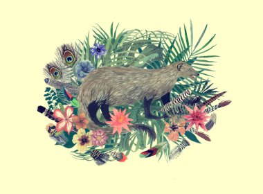 Suluboya elle çizilmiş illüstrasyon Firavun faresi, çiçekler, yapraklar, tüyleri ile.