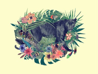 Suluboya elle çizilmiş illüstrasyon panter, çiçekler, yapraklar, tüyleri ile.