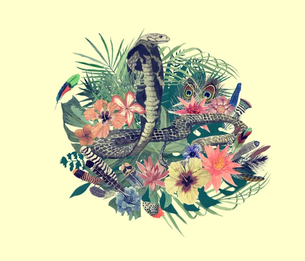 Illustrazione disegnata a mano ad acquerello con cobra, fiori, foglie, piume . — Foto Stock