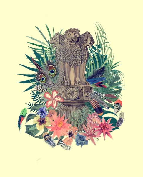 Suluboya elle çizilmiş illüstrasyon Hint amblemi, çiçekler, yapraklar, tüyleri ile.