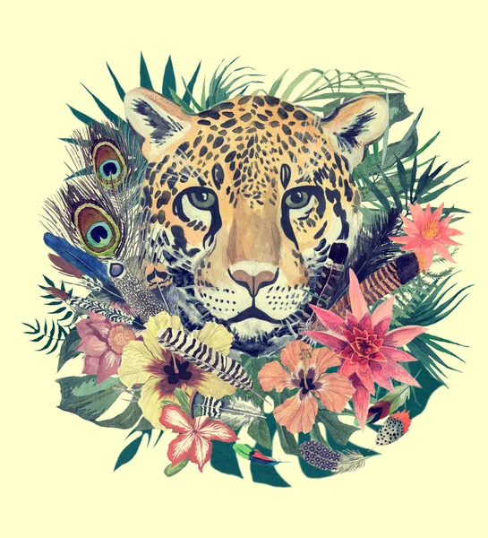 Acuarela ilustración dibujada a mano con cabeza de leopardo, flores, hojas, plumas . — Foto de Stock