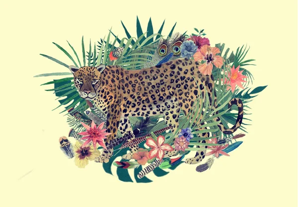Akwarela ilustracja z leopard, kwiaty, liście, pióra. — Zdjęcie stockowe