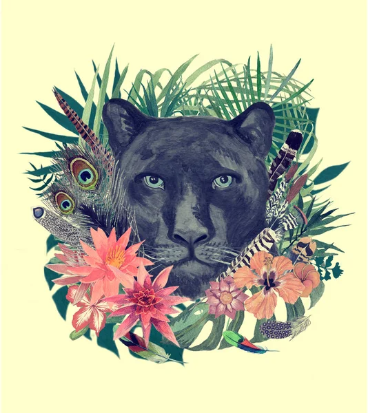 Illustrazione disegnata a mano ad acquerello con testa di pantera, fiori, foglie, piume . — Foto Stock