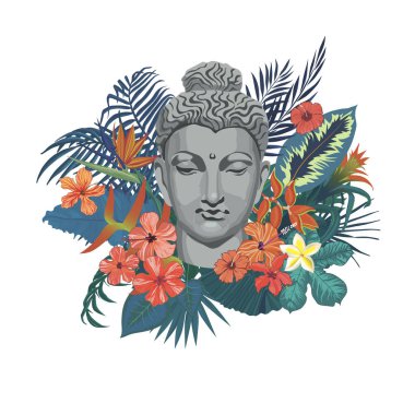 Vektör çizim Buda'nın kafası, çiçekler, yapraklar