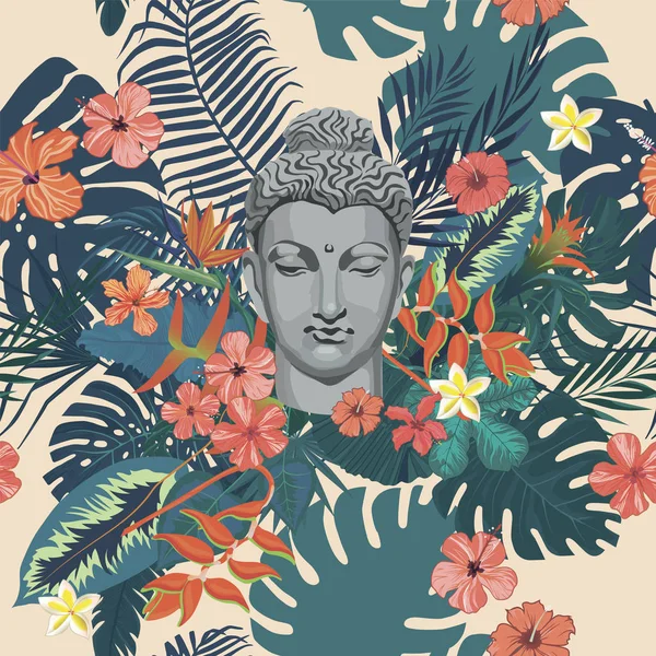 Bezproblémové exotického stylu vektor vzorek s hlava Buddhy, květiny, listy, peří. — Stockový vektor