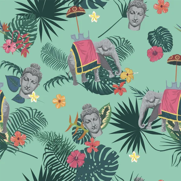 Modèle vectoriel de style exotique sans couture avec tête de Bouddha, éléphant, fleurs, feuilles, plumes . — Image vectorielle