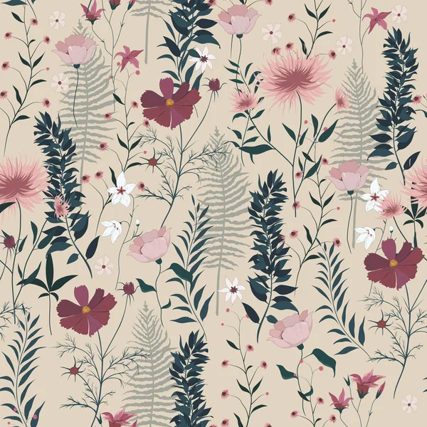 Sorunsuz vektör desen yabani çiçek yaprakları ile,