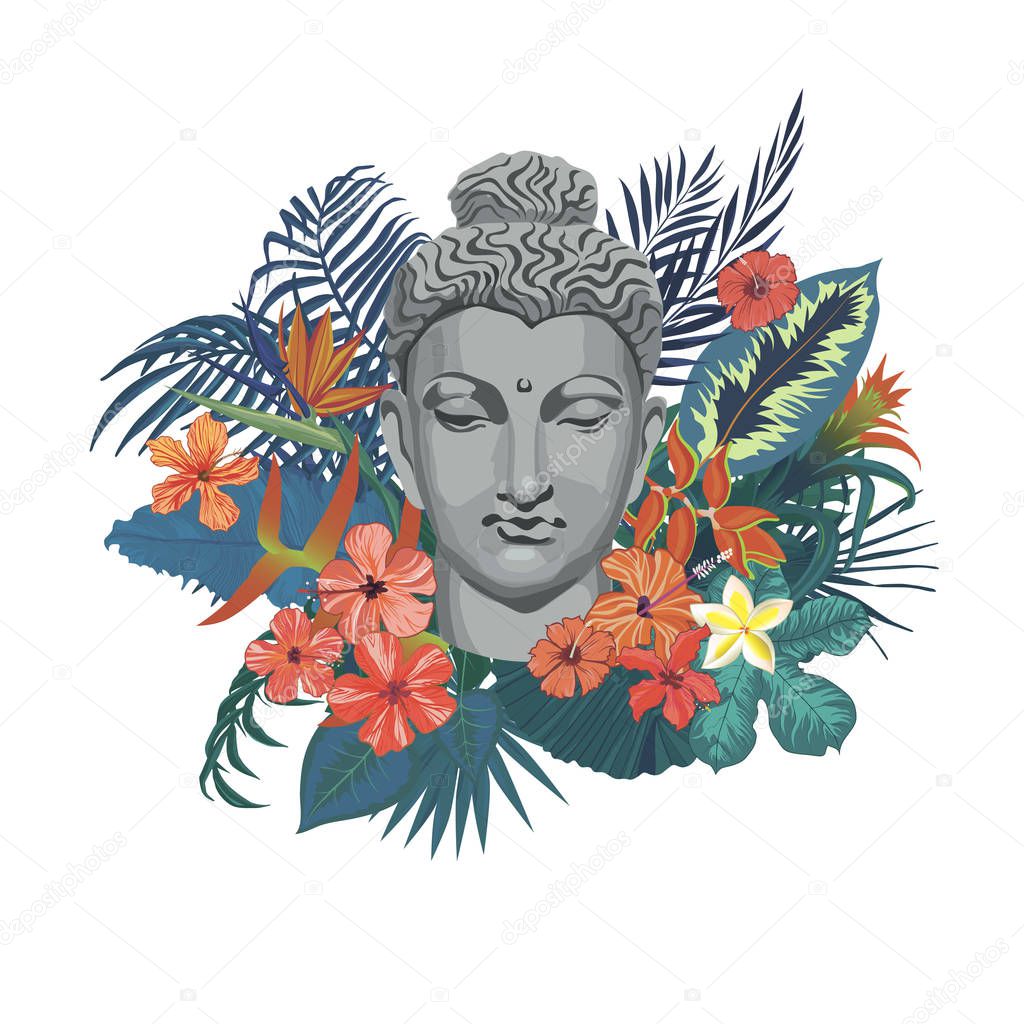 Vector illustration with Buddha head, flowers, leaves