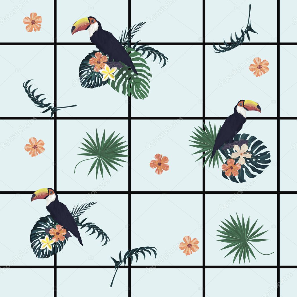 Seamless vecor exotic geometrical pattern with cells, toucans, flowers, feathers.