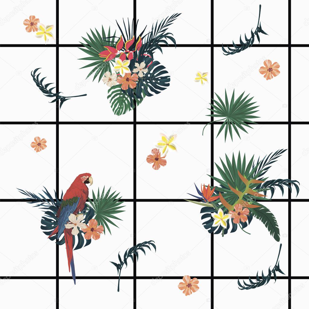 Seamless vecor exotic geometrical pattern with cells, parrots, flowers, feathers.