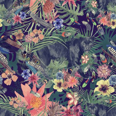 Sorunsuz elle çizilmiş suluboya patten panter, yapraklar, çiçekler, tüyleri ile.