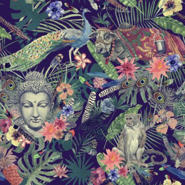 Sorunsuz elle çizilmiş suluboya desenle yaprakları, tüyler, çiçekler, Buda kafa, tavus kuşu, maymun, inek.