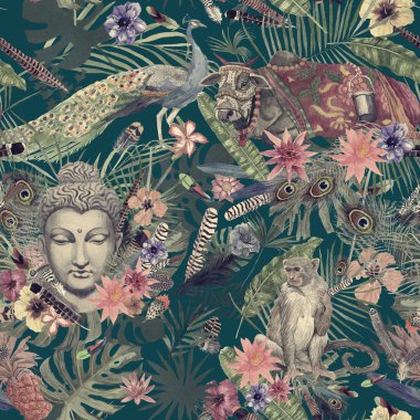 Sorunsuz elle çizilmiş suluboya desenle yaprakları, tüyler, çiçekler, Buda kafa, tavus kuşu, maymun, inek.