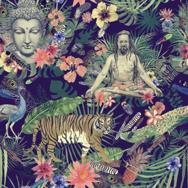 Sorunsuz elle çizilmiş suluboya desenle yaprakları, tüyler, çiçekler, yogi, kaplan