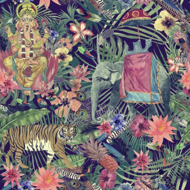 Ganesha, kaplan, fil, çiçekler, yapraklar, tüyleri ile sorunsuz egzotik el çekilmiş suluboya desen.