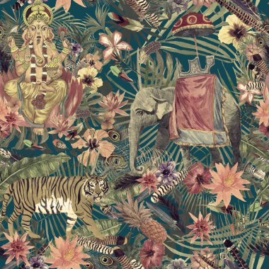 Yapraklar, çiçekler, tüyleri ile sorunsuz egzotik el çekilmiş suluboya desen.