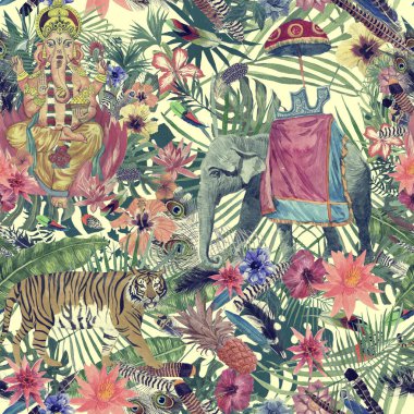 Yapraklar, çiçekler, tüyleri ile sorunsuz egzotik el çekilmiş suluboya desen.