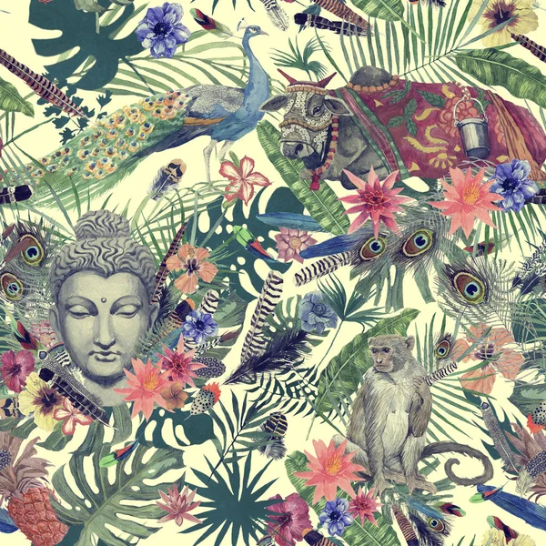Modello acquerello disegnato a mano senza cuciture con foglie, piume, fiori, testa di buddha, pavone, scimmia, mucca . — Foto Stock