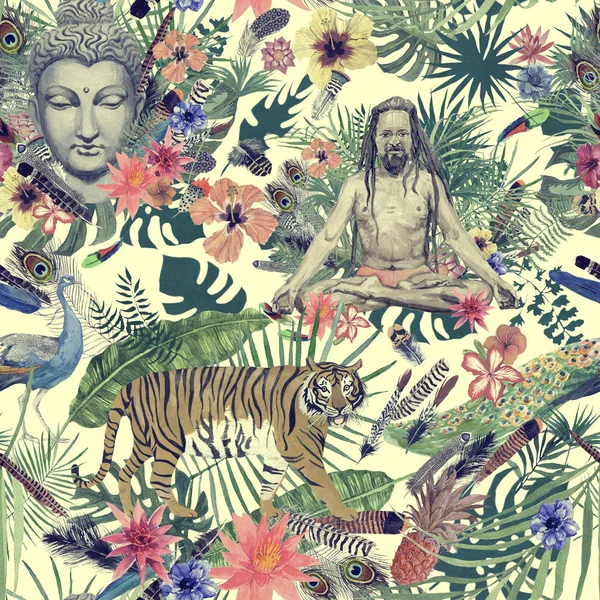 Dłoń akwarela bezszwowe ciągnione wzór z głową Buddy, yogi, Paw, pióra, kwiaty, liście. — Zdjęcie stockowe